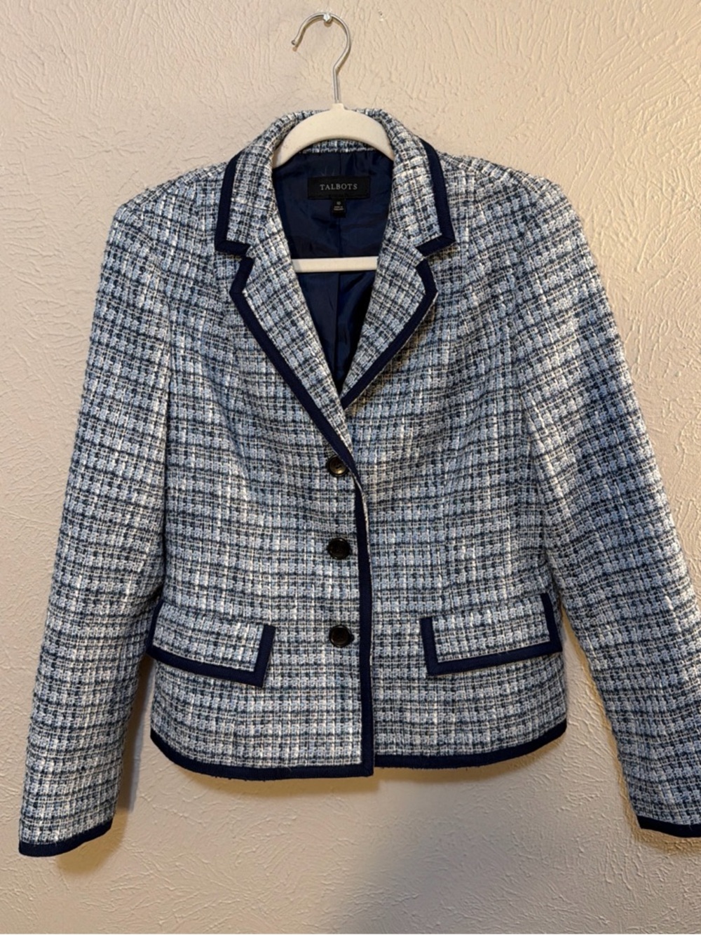 Talbots Navy and White Tweed Blazer with Contrast Trim